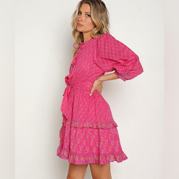 Cleobella Demi Long Sleeve Mini Dress Cotton Ditzy Magenta Floral Boho Large - Picture 3 of 10